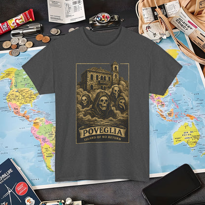 Poveglia Haunt – Ghostly Apparitions in Venetian Fog Tee – Haunted Italy Travel Shirt | Layover Club Air Travel T-Shirts | Jetsetter, Airport, and International Flight Tees