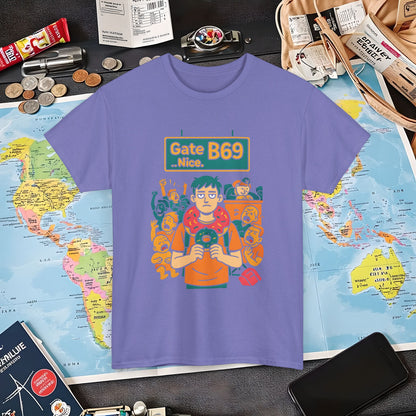 Gate B69 Deadpan Traveler T-Shirt — Chill at Chaotic Airport Terminal Layover Tee Air Travel T-Shirts | Jetsetter, Airport, and International Flight Tees