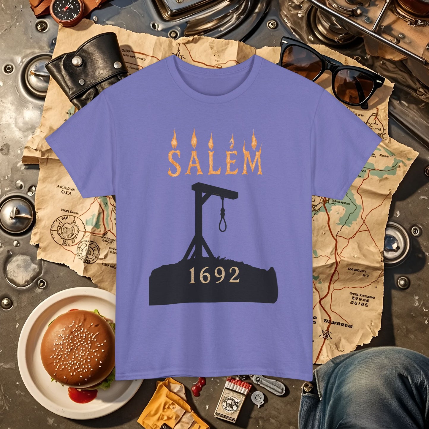 Salem 1692 Gothic Noose & Candle Flame Typography Tee – Witch Trials Dark History Shirt | Car, RV, and Motorcycle Adventure Tees