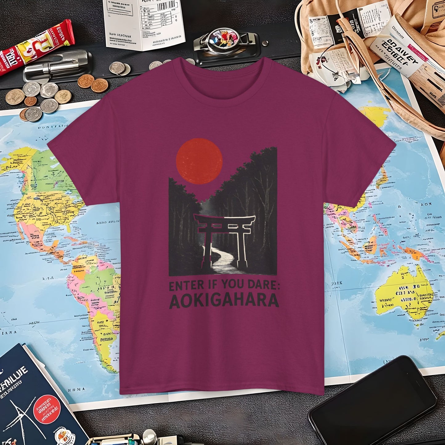 Scarlet Moon Torii – Aokigahara Forest Path Tee – Haunted Japan Travel Shirt | Layover Club Air Travel T-Shirts | Jetsetter, Airport, and International Flight Tees