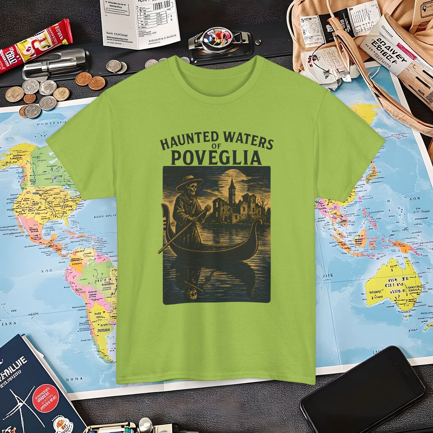 Skeletal Gondolier of Haunted Poveglia – Dark Venetian Ghost Travel Tee| Layover Club Air Travel T-Shirts | Jetsetter, Airport, and International Flight Tees