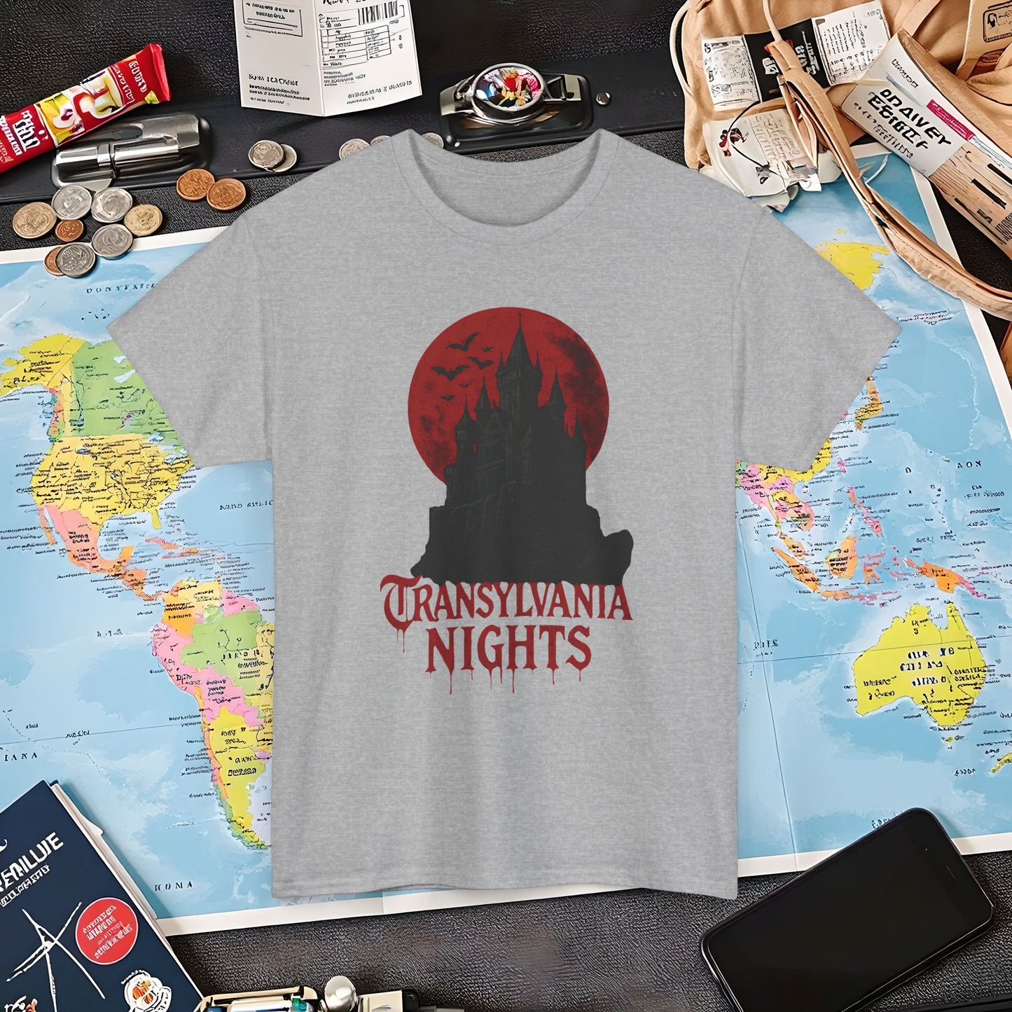 Transylvania Nights Tee – Gothic Castle Under Crimson Moon | Layover Club Air Travel T-Shirts | Jetsetter, Airport, and International Flight Tees