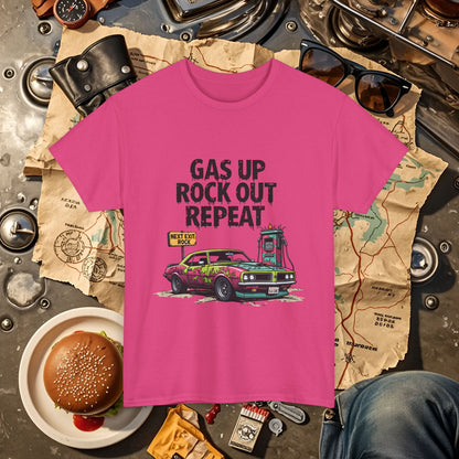Gas Up, Rock Out and Repeat Road Trip & Vehicle Travel T-Shirts | Car, RV, and Motorcycle Adventure Tees