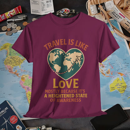 Travel Is Like Love – Heart Map Quote Tee with Airplane Path | Layover Club Air Travel T-Shirts | Jetsetter, Airport, and International Flight Tees