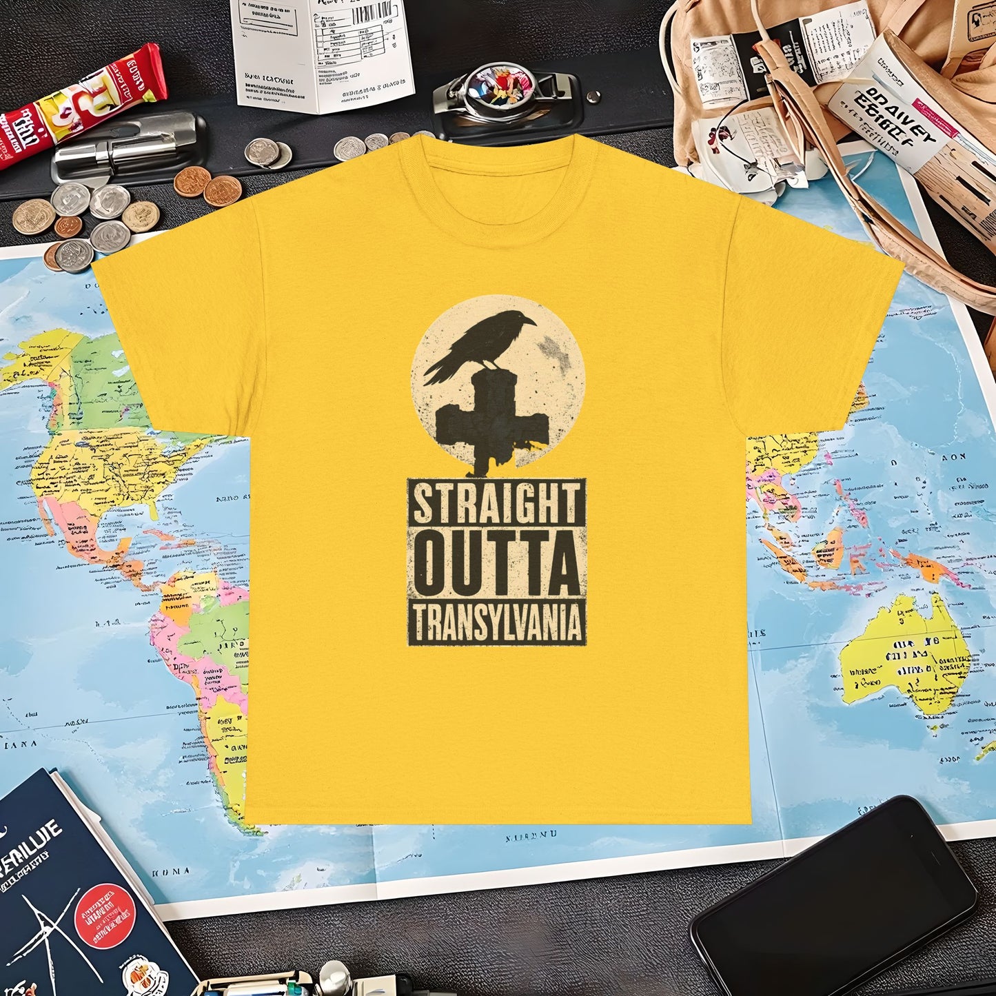 Straight Outta Transylvania Raven Cross Tee – Gothic Travel Romania Shirt | Layover Club Air Travel T-Shirts | Jetsetter, Airport, and International Flight Tees