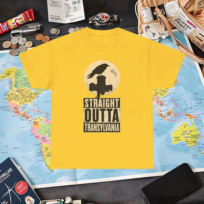 Straight Outta Transylvania Raven Cross Tee – Gothic Travel Romania Shirt | Layover Club Air Travel T-Shirts | Jetsetter, Airport, and International Flight Tees