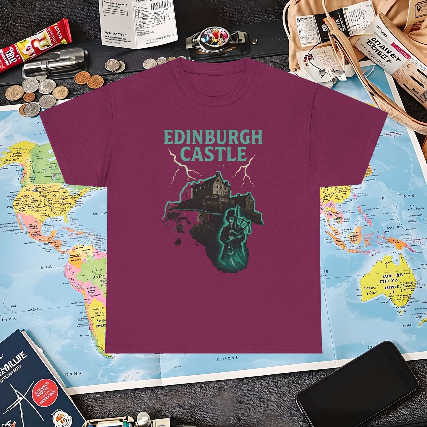 Ghostly Edinburgh Castle & Spectral Bagpiper Tee – Haunted Scotland Dark Tourism Shirt | Layover Club Air Travel T-Shirts | Jetsetter, Airport, and International Flight Tees