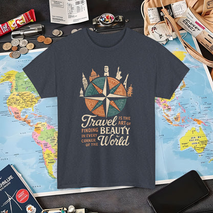 Travel Is the Art of Finding Beauty – Vintage Compass Rose & World Landmark Tee | Layover Club Air Travel T-Shirts | Jetsetter, Airport, and International Flight Tees