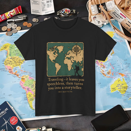Speechless to Storyteller – Vintage Map Wanderlust Quote Tee  Air Travel T-Shirts | Jetsetter, Airport, and International Flight Tees