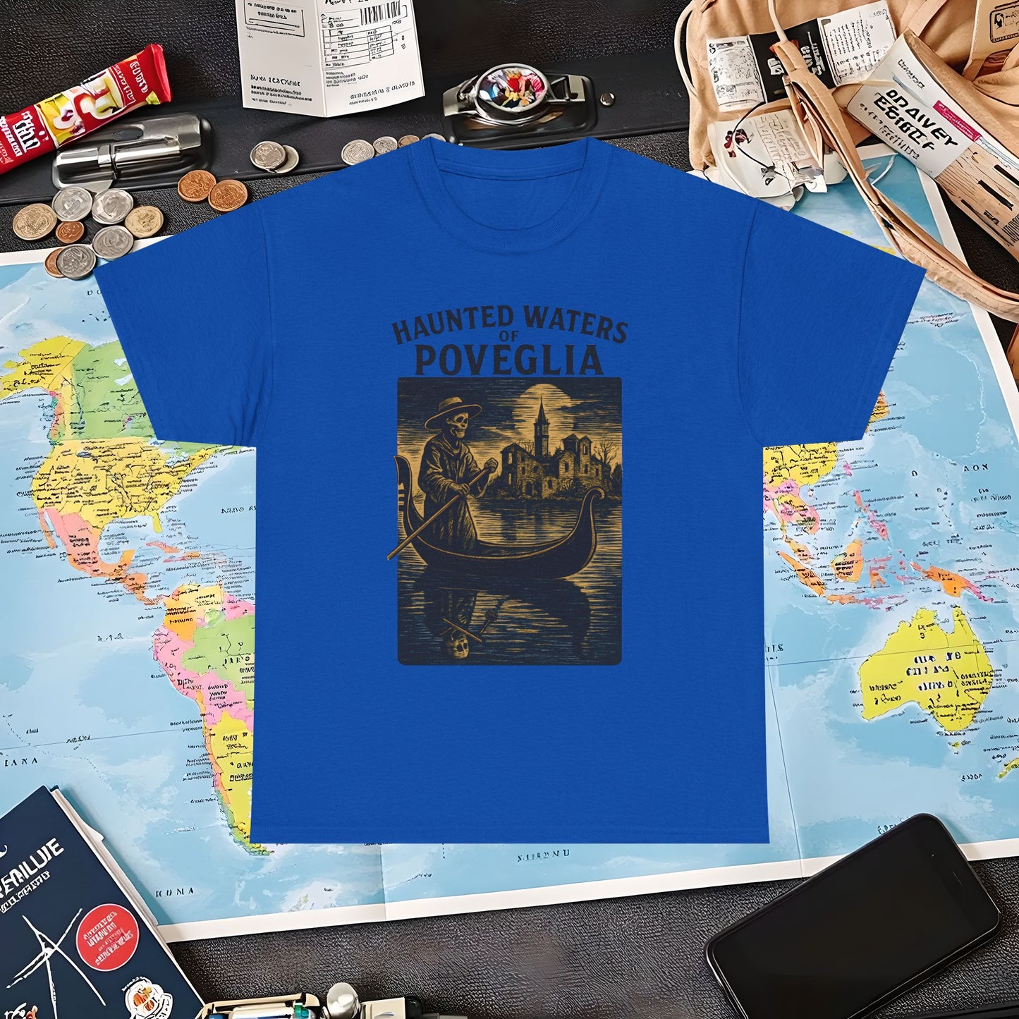 Skeletal Gondolier of Haunted Poveglia – Dark Venetian Ghost Travel Tee| Layover Club Air Travel T-Shirts | Jetsetter, Airport, and International Flight Tees