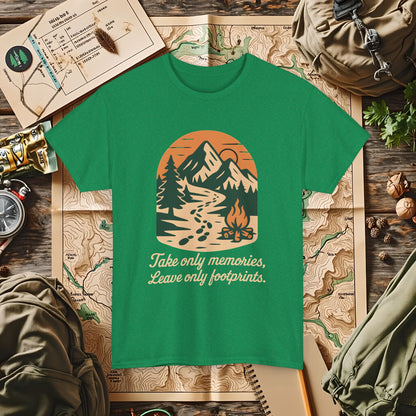 Take Only Memories, Leave Only Footprints — Sunset Mountain Trail Adventure Badge T-Shirt | Camping, Hiking, Rafting & Kayaking Tees for Nature Lovers