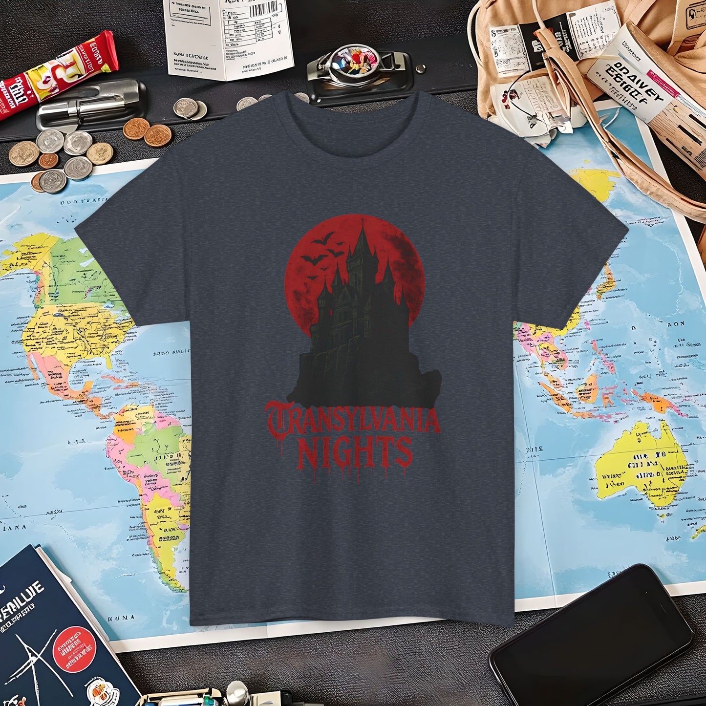 Transylvania Nights Tee – Gothic Castle Under Crimson Moon | Layover Club Air Travel T-Shirts | Jetsetter, Airport, and International Flight Tees