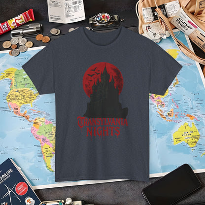 Transylvania Nights Tee – Gothic Castle Under Crimson Moon | Layover Club Air Travel T-Shirts | Jetsetter, Airport, and International Flight Tees