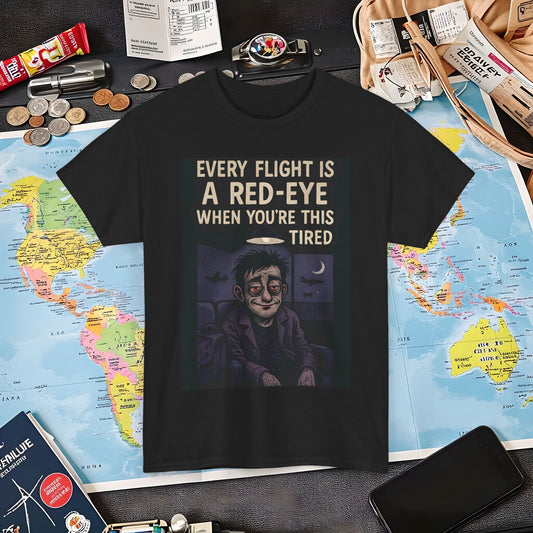 Every Flight Is a Red Eye Tee – Exhausted Traveler Comic Noir Shirt Air Travel T-Shirts | Jetsetter, Airport, and International Flight Tees