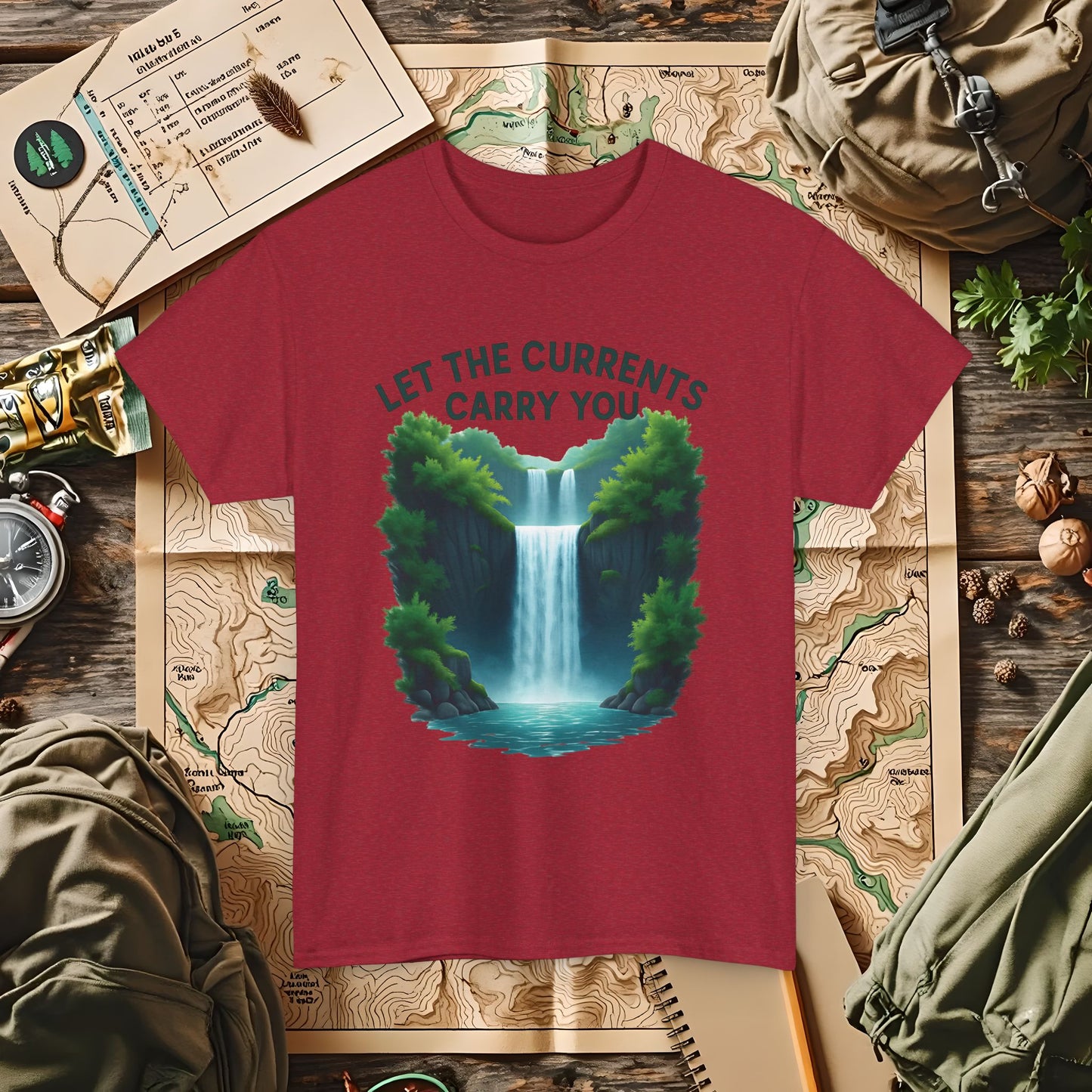 Let the Currents Carry You T-Shirt – Waterfall Escape Design Camping, Hiking, Rafting & Kayaking Tees for Nature Lovers