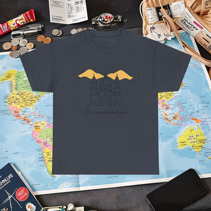 Bucaramanga Cathedral with Andes Silhouette – Vintage Colombia Travel Tee | Layover Club Air Travel T-Shirts | Jetsetter, Airport, and International Flight Tees