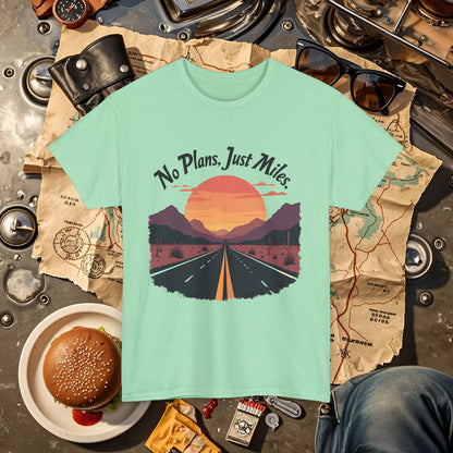 No Plans, Just Miles Adventure Road Unisex Cotton Tee - Travel Shirt, Road Trip Tee, Travel Lover Gift, Nature Lover Shirt, Vacation T-Shirt, Charity Donation