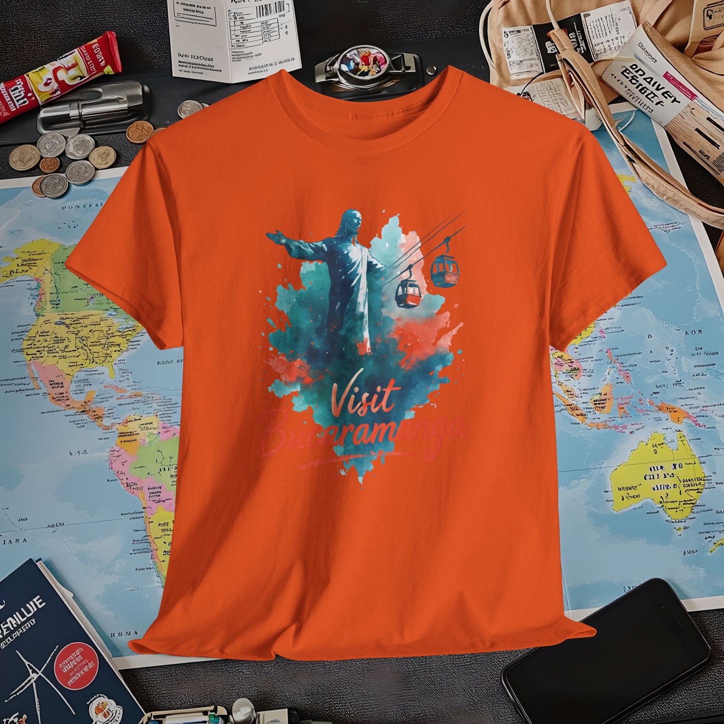 Cerro del Santísimo & Cable Car – Vibrant Watercolor Colombia Travel Tee | Layover Club Air Travel T-Shirts | Jetsetter, Airport, and International Flight Tees