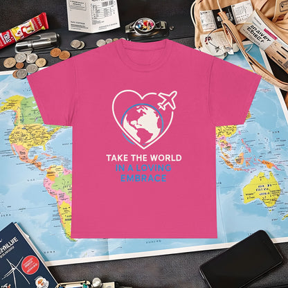 Take the World in a Loving Embrace T-Shirt – Heart in Flight Over Globe Design Air Travel T-Shirts | Jetsetter, Airport, and International Flight Tees