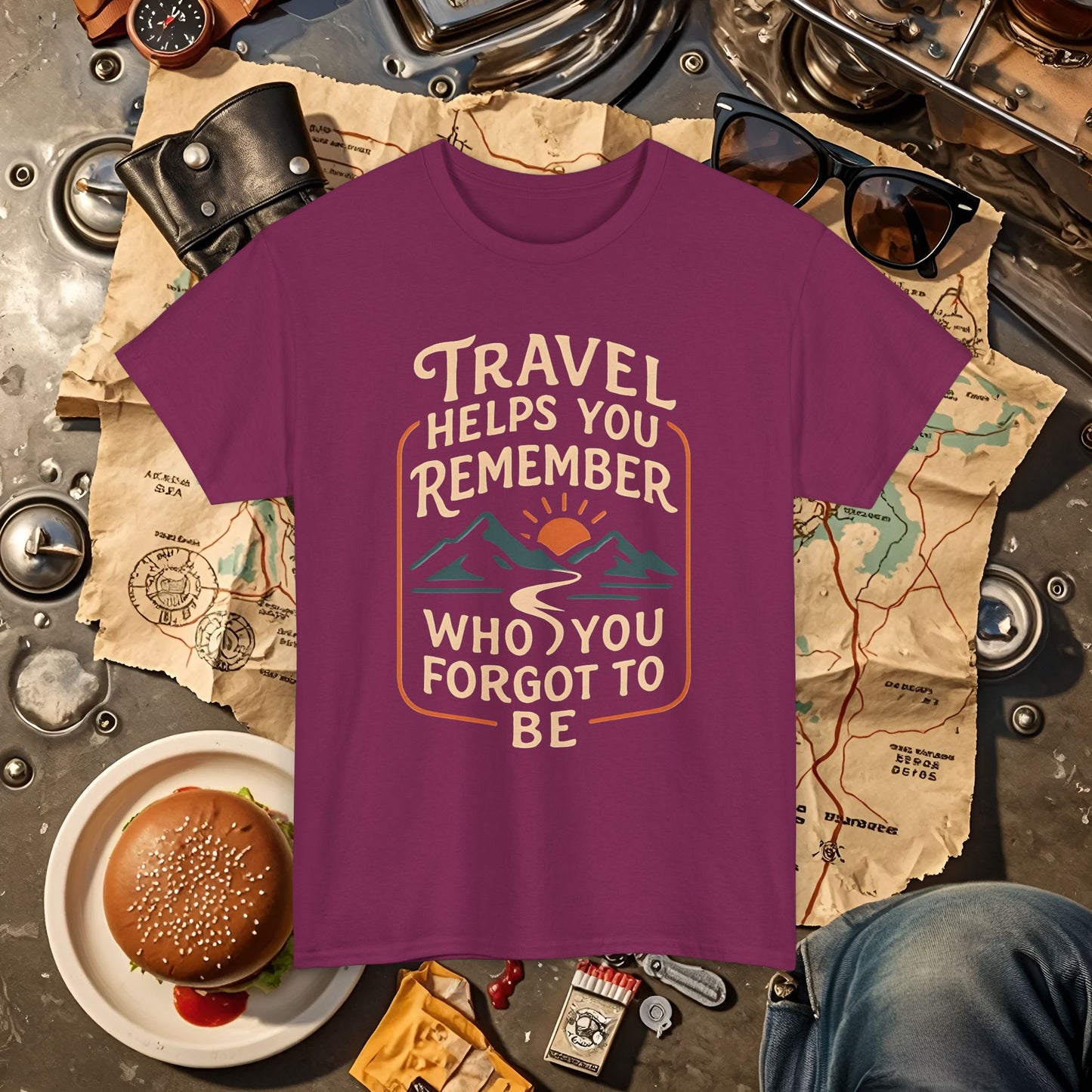 Travel Helps You Remember Who You Forgot to Be Tee – Retro Mountain Road Quote Shirt Road Trip & Vehicle Travel T-Shirts | Car, RV, and Motorcycle Adventure Tees