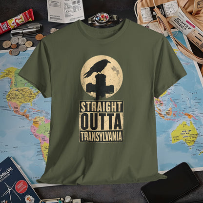 Straight Outta Transylvania Raven Cross Tee – Gothic Travel Romania Shirt | Layover Club Air Travel T-Shirts | Jetsetter, Airport, and International Flight Tees
