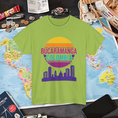 Retro Bucaramanga Skyline Sunset Tee – Vintage Colombia Travel Shirt| Layover Club Air Travel T-Shirts | Jetsetter, Airport, and International Flight Tees