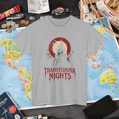 Gothic Transylvania Castle under Crimson Moon Tee – Dark Travel Romania Shirt | Layover Club Air Travel T-Shirts | Jetsetter, Airport, and International Flight Tees