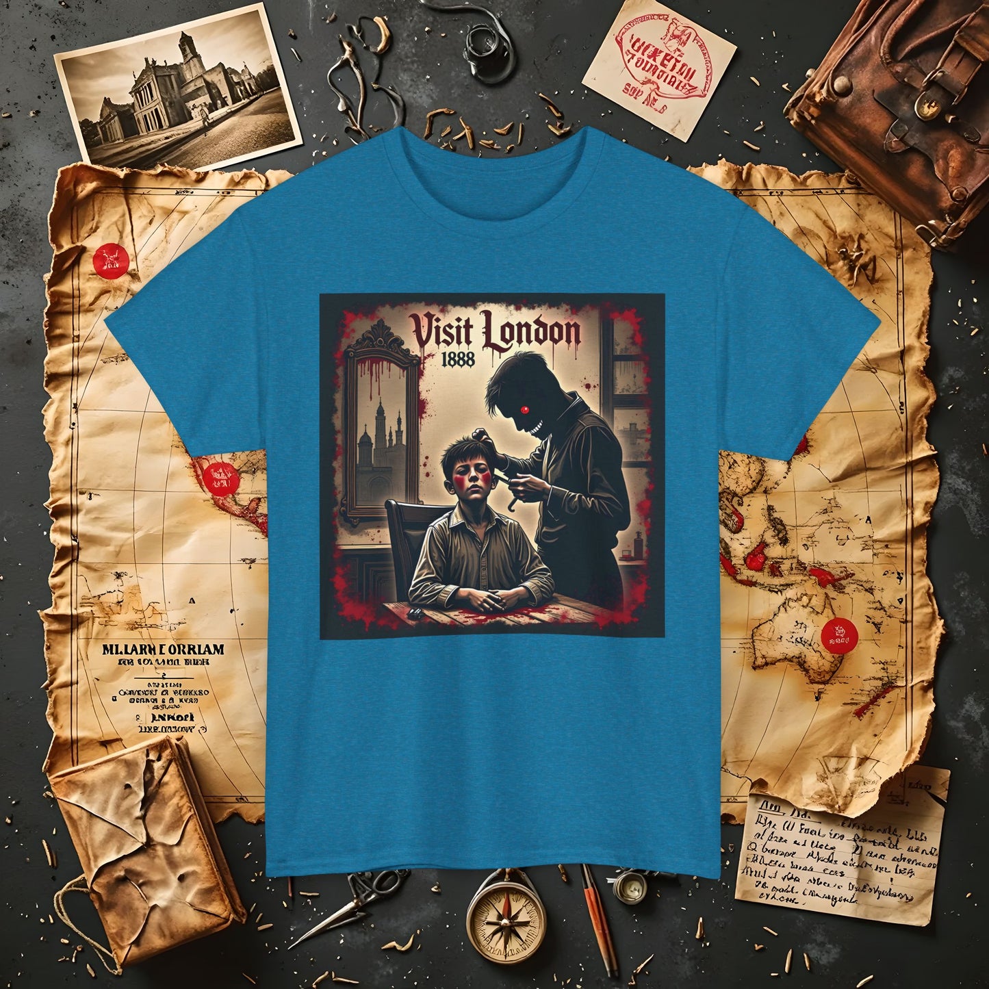 Visit London 1888 T-Shirt – Victorian Horror with Jack the Ripper and Evil Barber Art