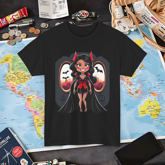 Vampire Flight Attendant T-Shirt – Gothic Girl with Bats Flying Outside the Plane Air Travel T-Shirts | Jetsetter, Airport, and International Flight Tees