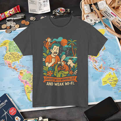 Cursed with Wanderlust and Weak Wi-Fi – Funny Tropical Traveler Frustration Tee Travel T-Shirts | Jetsetter, Airport, and International Flight Tees