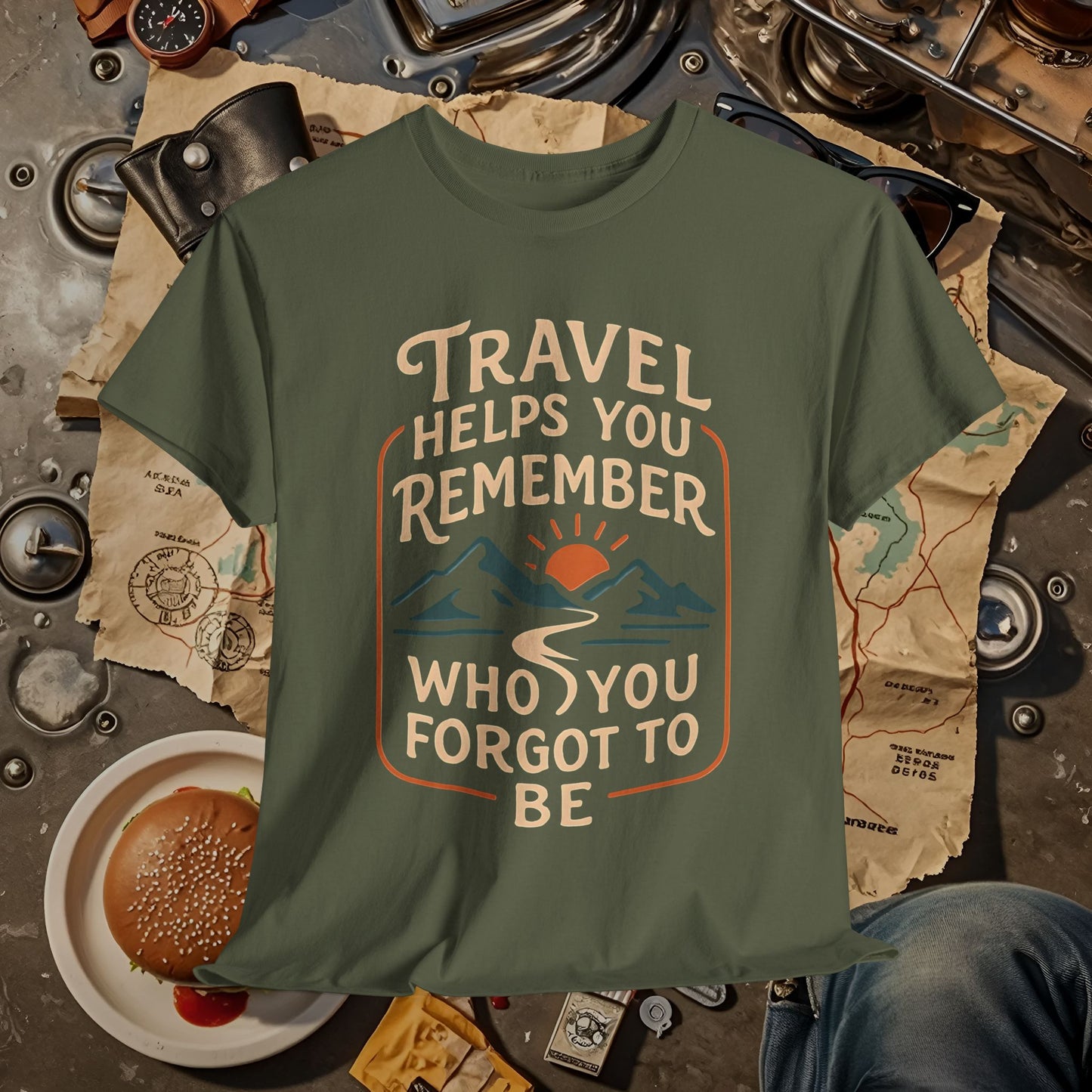 Travel Helps You Remember Who You Forgot to Be Tee – Retro Mountain Road Quote Shirt Road Trip & Vehicle Travel T-Shirts | Car, RV, and Motorcycle Adventure Tees