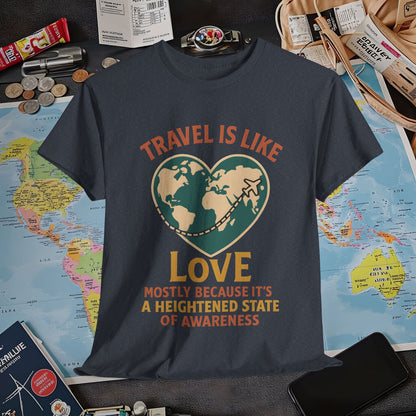 Travel Is Like Love – Heart Map Quote Tee with Airplane Path | Layover Club Air Travel T-Shirts | Jetsetter, Airport, and International Flight Tees