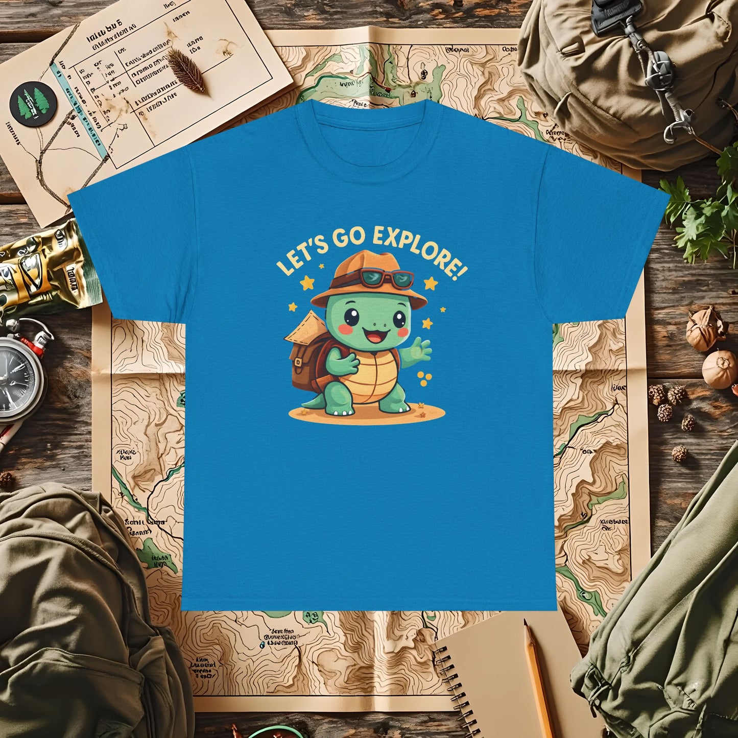 Let’s Go Explore T-Shirt – Cute Turtle Explorer with Travel Gear Design | Camping, Hiking, Rafting & Kayaking Tees for Nature Lovers