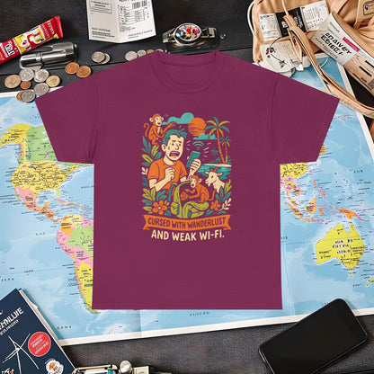 Cursed with Wanderlust and Weak Wi-Fi – Funny Tropical Traveler Frustration Tee Travel T-Shirts | Jetsetter, Airport, and International Flight Tees