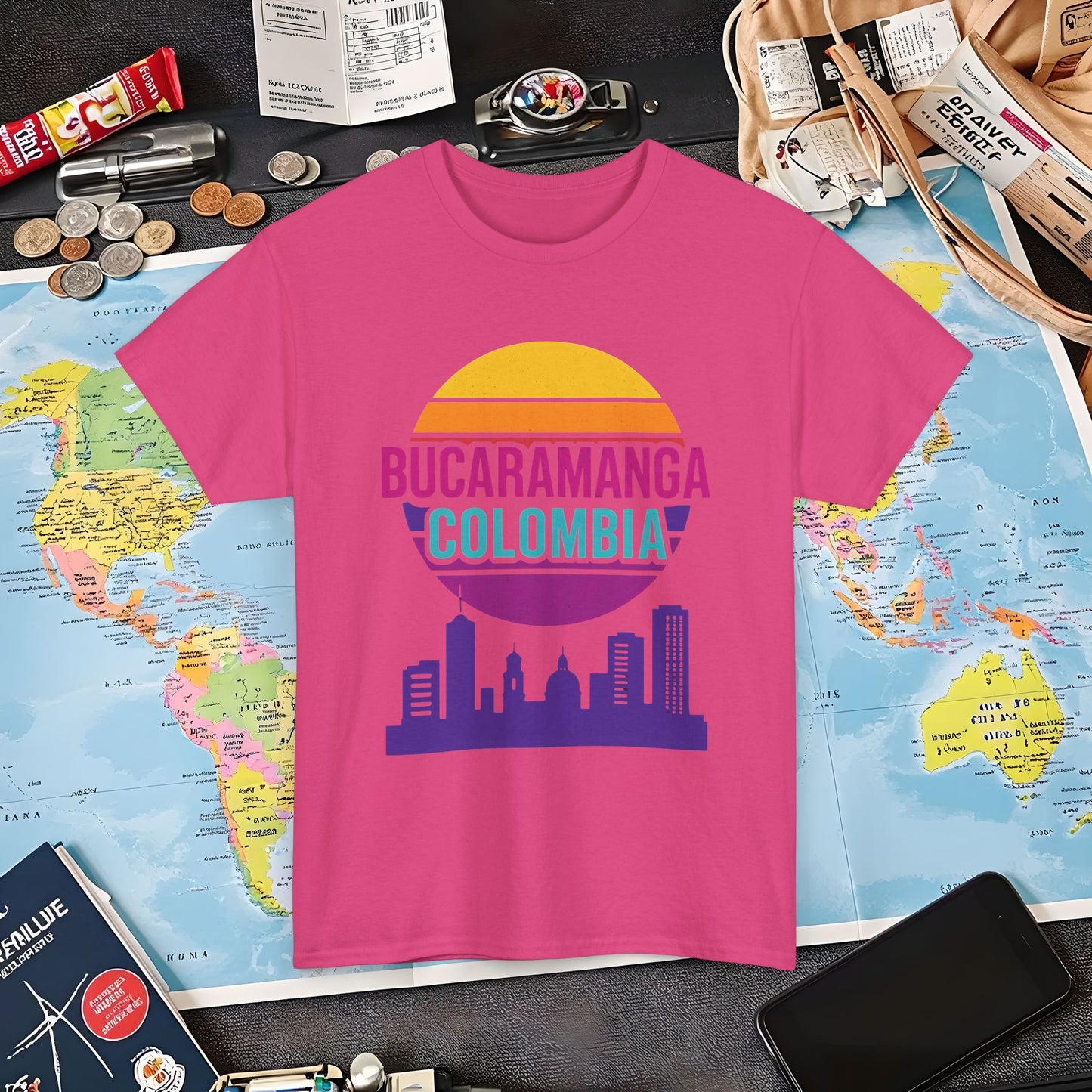 Retro Bucaramanga Skyline Sunset Tee – Vintage Colombia Travel Shirt| Layover Club Air Travel T-Shirts | Jetsetter, Airport, and International Flight Tees