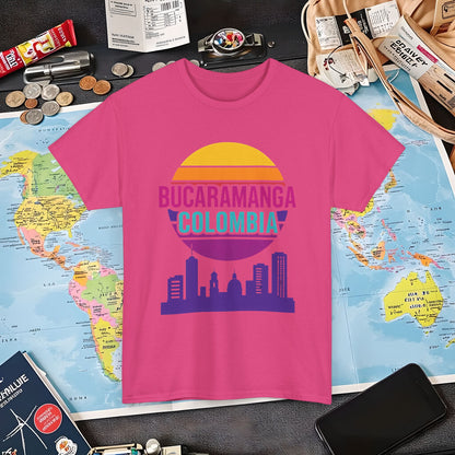 Retro Bucaramanga Skyline Sunset Tee – Vintage Colombia Travel Shirt| Layover Club Air Travel T-Shirts | Jetsetter, Airport, and International Flight Tees
