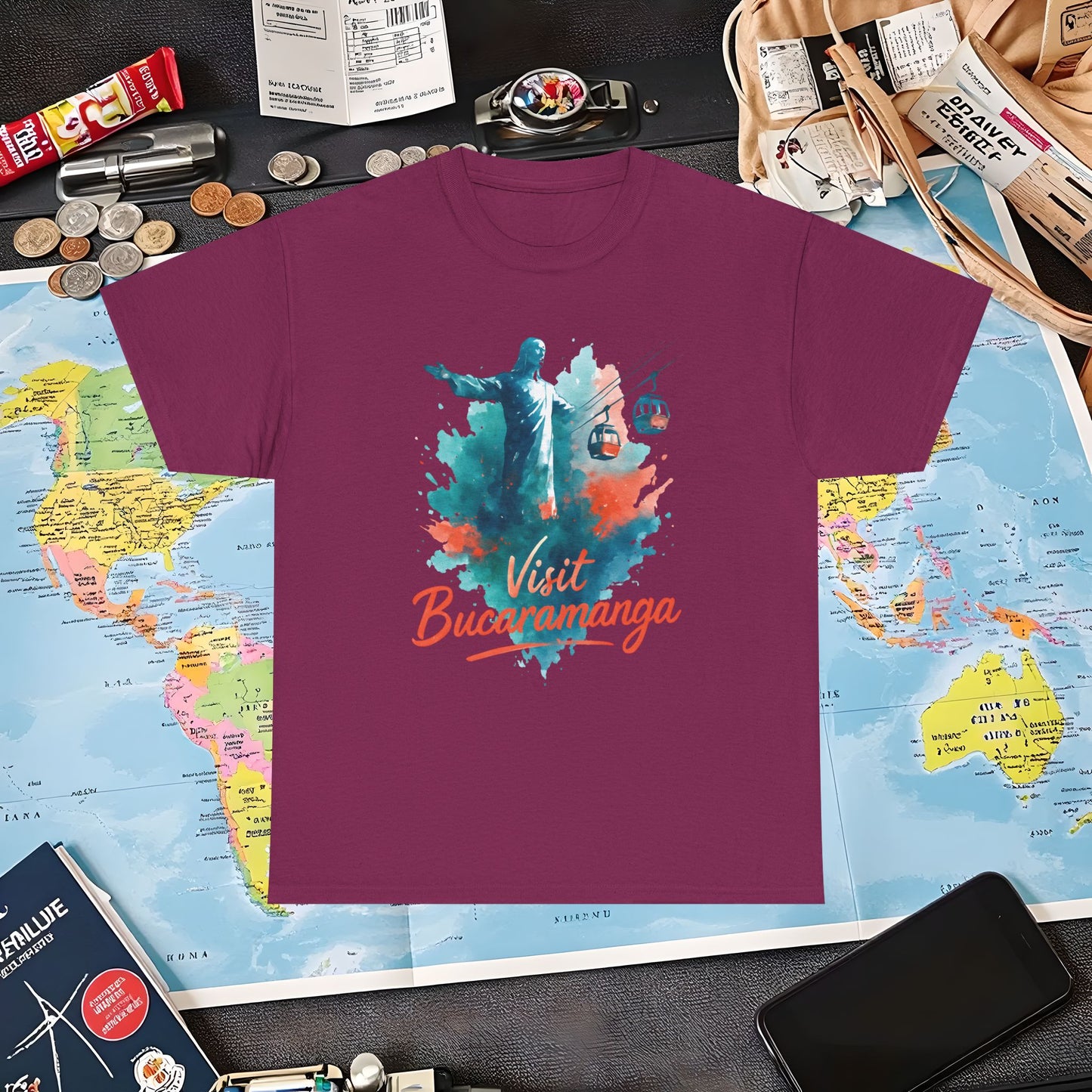 Cerro del Santísimo & Cable Car – Vibrant Watercolor Colombia Travel Tee | Layover Club Air Travel T-Shirts | Jetsetter, Airport, and International Flight Tees