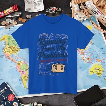 Running From My Problems Through Customs – Vintage Travel Quote Tee with Passport Stamps Air Travel T-Shirts | Jetsetter, Airport, and International Flight Tees