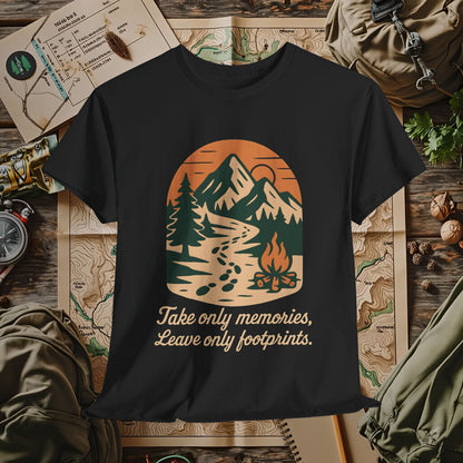 Take Only Memories, Leave Only Footprints — Sunset Mountain Trail Adventure Badge T-Shirt | Camping, Hiking, Rafting & Kayaking Tees for Nature Lovers