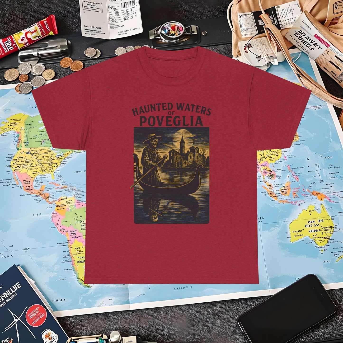 Skeletal Gondolier of Haunted Poveglia – Dark Venetian Ghost Travel Tee| Layover Club Air Travel T-Shirts | Jetsetter, Airport, and International Flight Tees