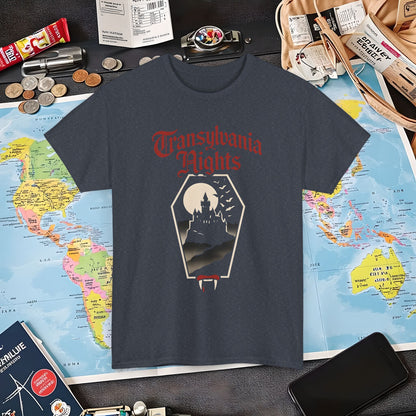 Transylvania Nights Gothic Castle Silhouette Tee – Dark Travel Romania Shirt | Layover Club Air Travel T-Shirts | Jetsetter, Airport, and International Flight Tees