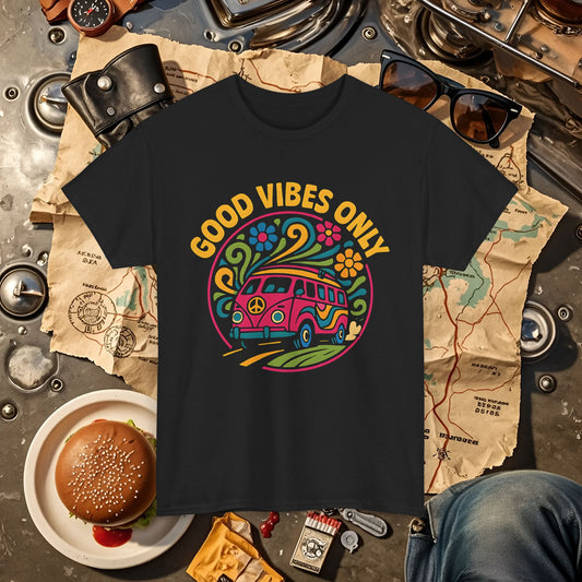 Good Vibes Only T-Shirt – Retro Hippie Van with 70s-Inspired Positivity Road Trip & Vehicle Travel T-Shirts | Car, RV, and Motorcycle Adventure Tees