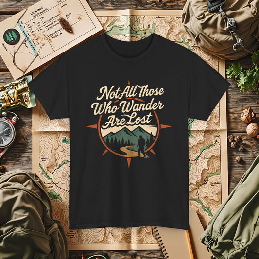 Not All Who Wander Are Lost – Vintage Compass Mountain Tee | Camping, Hiking, Rafting & Kayaking Tees for Nature Lovers