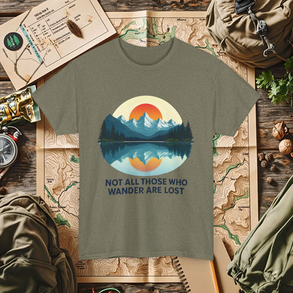 Not All Who Wander Are Lost T-Shirt – Sunset Over Mountain Lake and Forest Reflection Camping, Hiking, Rafting & Kayaking Tees for Nature Lovers