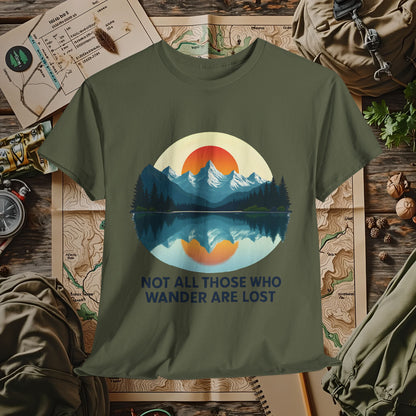 Not All Who Wander Are Lost T-Shirt – Sunset Over Mountain Lake and Forest Reflection Camping, Hiking, Rafting & Kayaking Tees for Nature Lovers