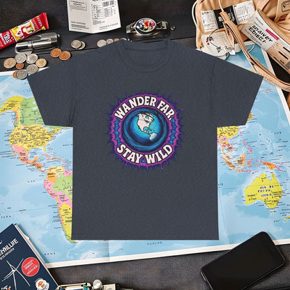 Wander Far, Stay Wild T-Shirt – Globe Burst Adventure Design Air Travel T-Shirts | Jetsetter, Airport, and International Flight Tees