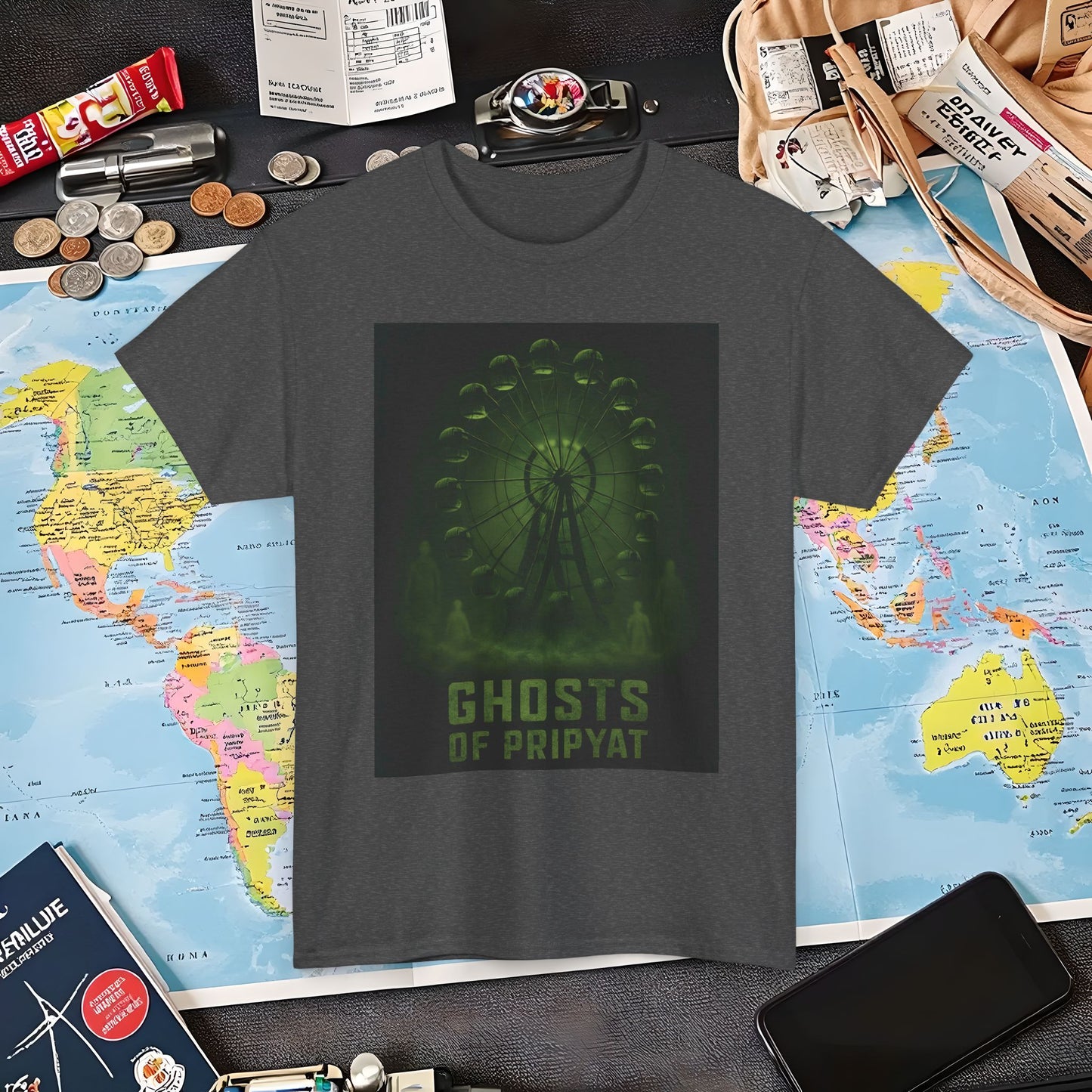 Neon Green Pripyat Ferris Wheel & Ghostly Silhouettes Tee – Chernobyl Dark Tourism Shirt | Layover Club Air Travel T-Shirts | Jetsetter, Airport, and International Flight Tees