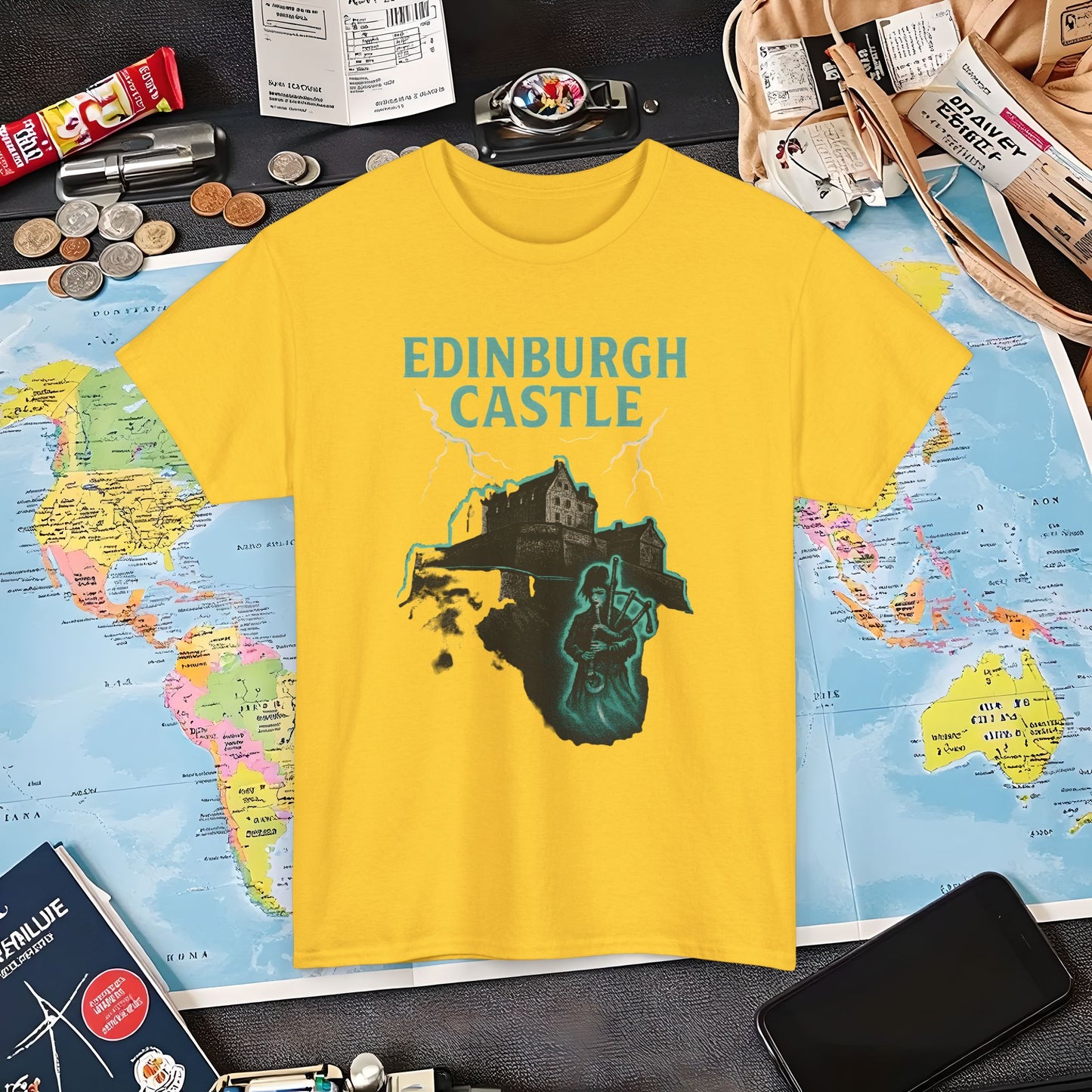 Ghostly Edinburgh Castle & Spectral Bagpiper Tee – Haunted Scotland Dark Tourism Shirt | Layover Club Air Travel T-Shirts | Jetsetter, Airport, and International Flight Tees
