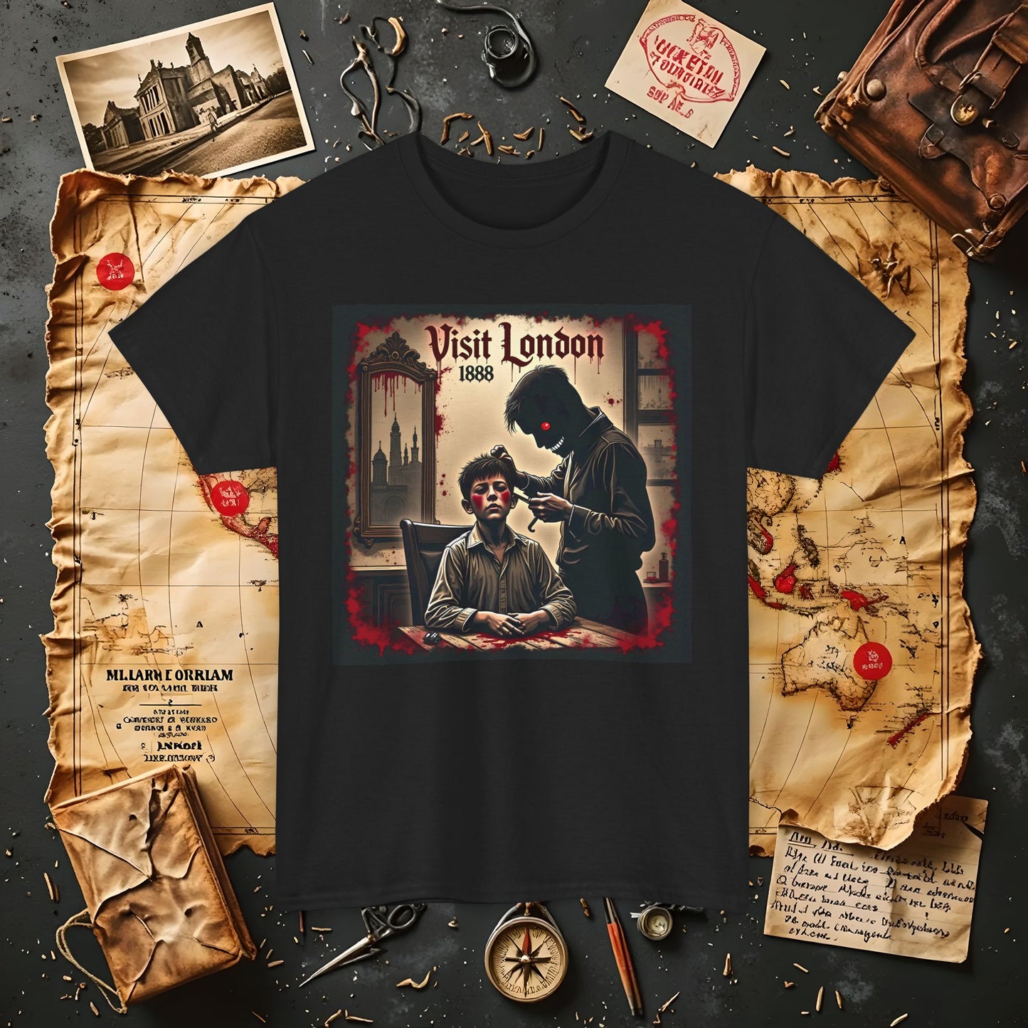 Visit London 1888 T-Shirt – Victorian Horror with Jack the Ripper and Evil Barber Art