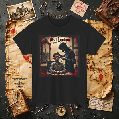 Visit London 1888 T-Shirt – Victorian Horror with Jack the Ripper and Evil Barber Art